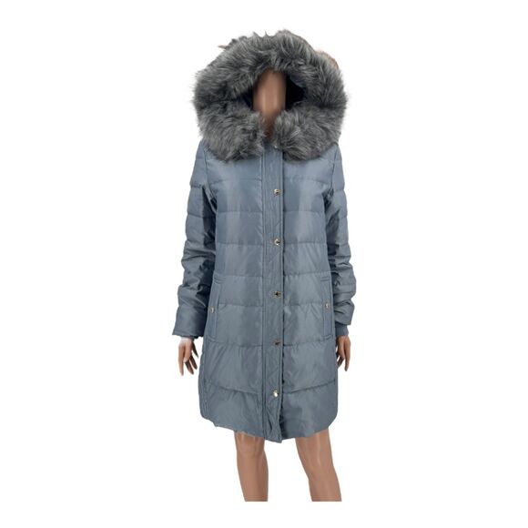 Kate Spade Coat Quilted Faux Fur Hood Down Puffer Blue Gray Size M Winter Jacket - Picture 6 of 14